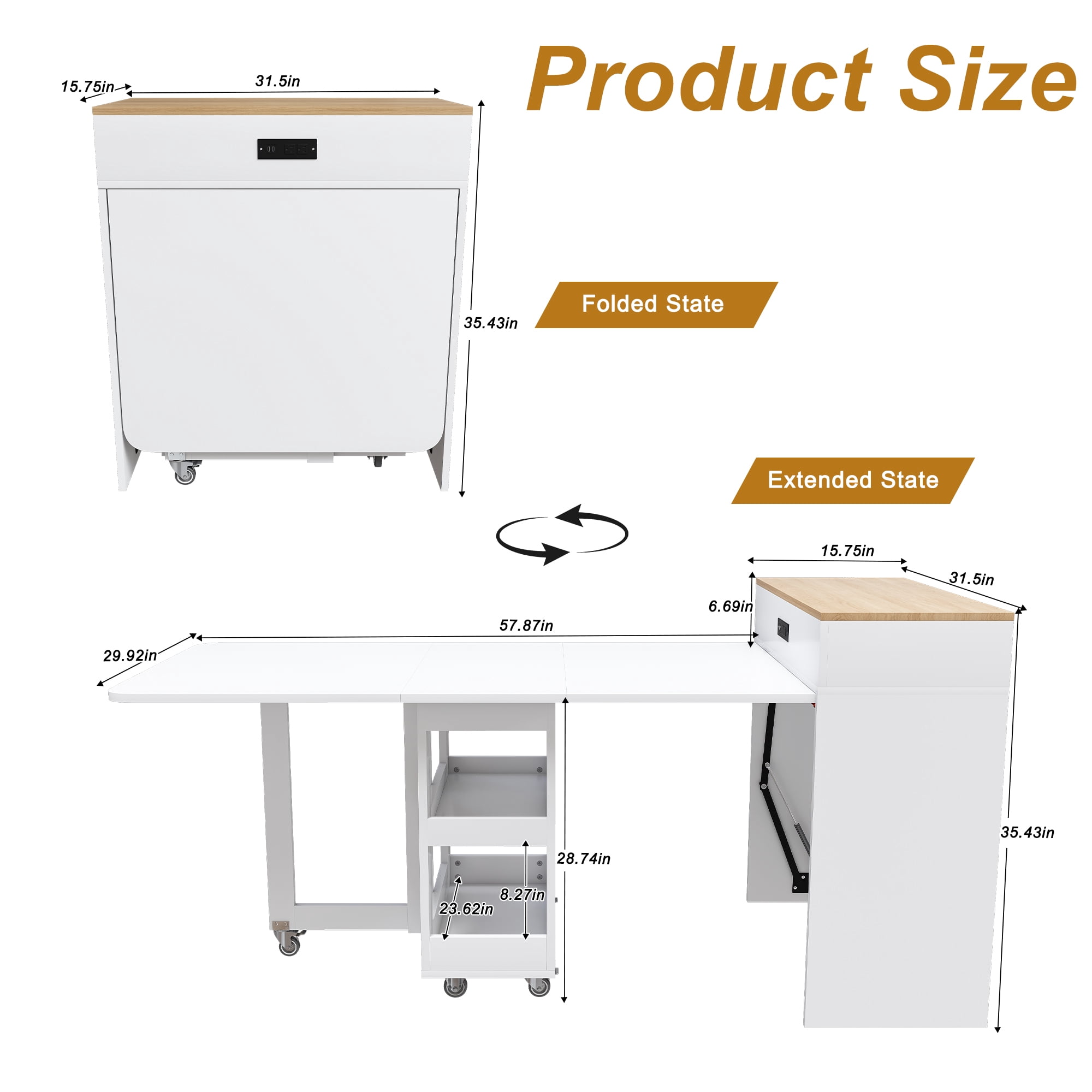 Mintazer Expandable Rolling Kitchen Island Dining Table with Power Outlet, Multi‑Mode Telescopic Folding Table with Lockable Casters & Storage Compartments for Small Apartment, White