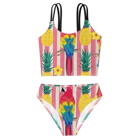 DALAWU Swimsuit 2-Piece Tank Swimming Wear Quick Dry Bathing Suit-Striped Parrot Pattern Printed