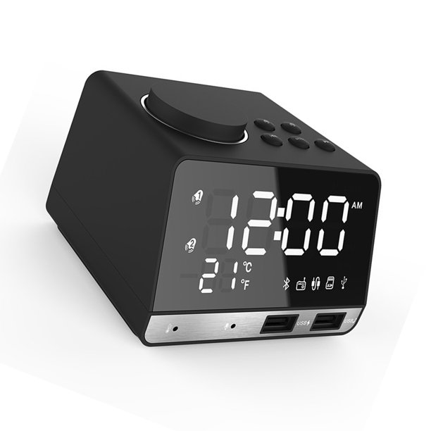 Bearachild Reloj despertador con 2 puertos USB LED Digital multifunción carga móvil plástico Mini altavoz estable decoración del hogar escritorio Decoración del hogar Negro/enchufe de EE. UU. Bearachild HA024343-05