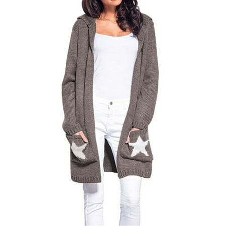 Womens Chunky Knit Sweater Ladies Hooded Loose Open Front Pocket Coat Midi Length Star Print Long Cardigan