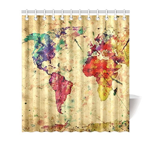 Bpbop Watercolor Vintage World Map, World Map Shower Curtain Fabric