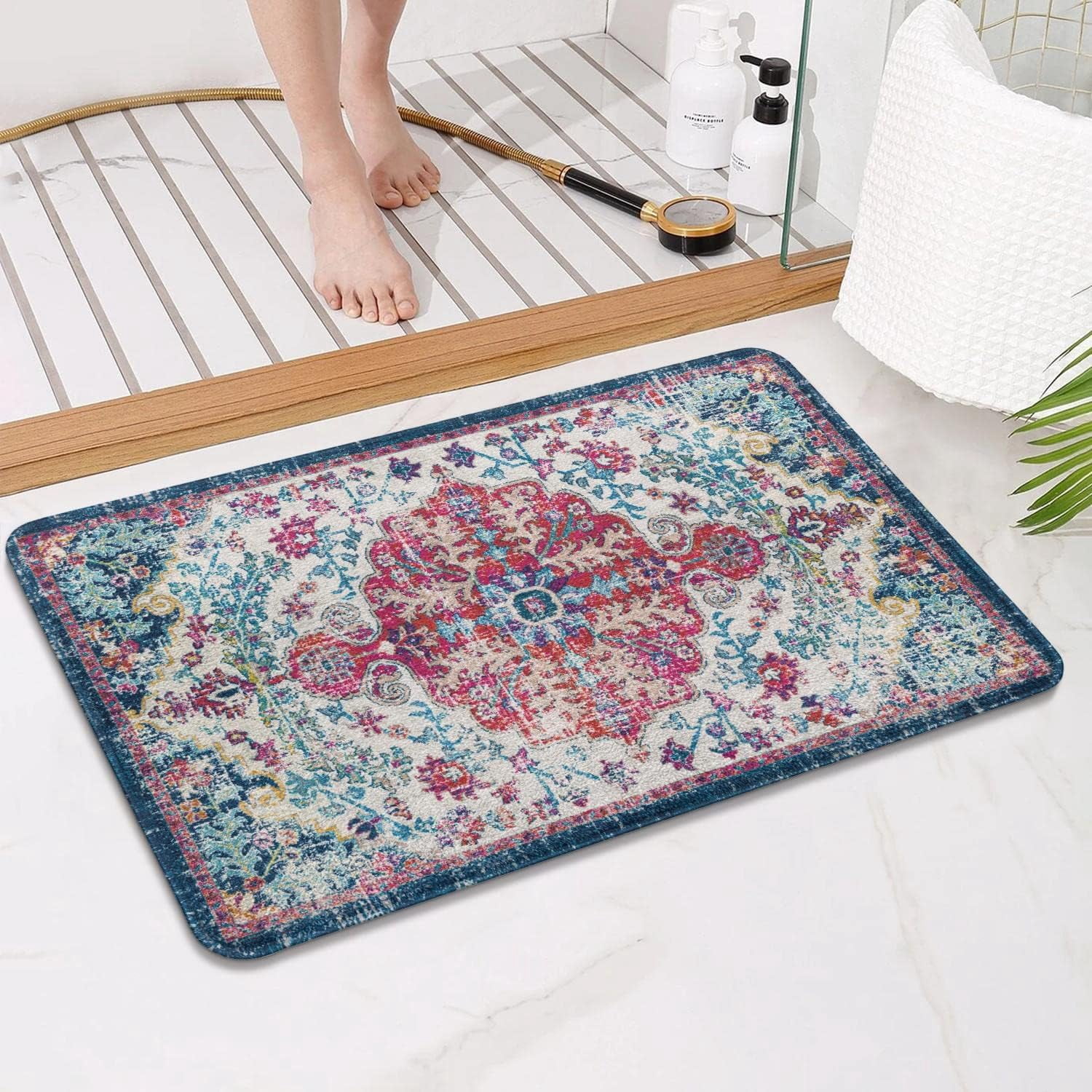 Bohemian Vintage Bathroom Rug Non-Slip Soft Bath Rug Machine Washable Oriental Persian Bathroom Mat Traditional Farmhouse Floral Floor Mat for Bathtub Shower Entrance, 17'''' x 27''''