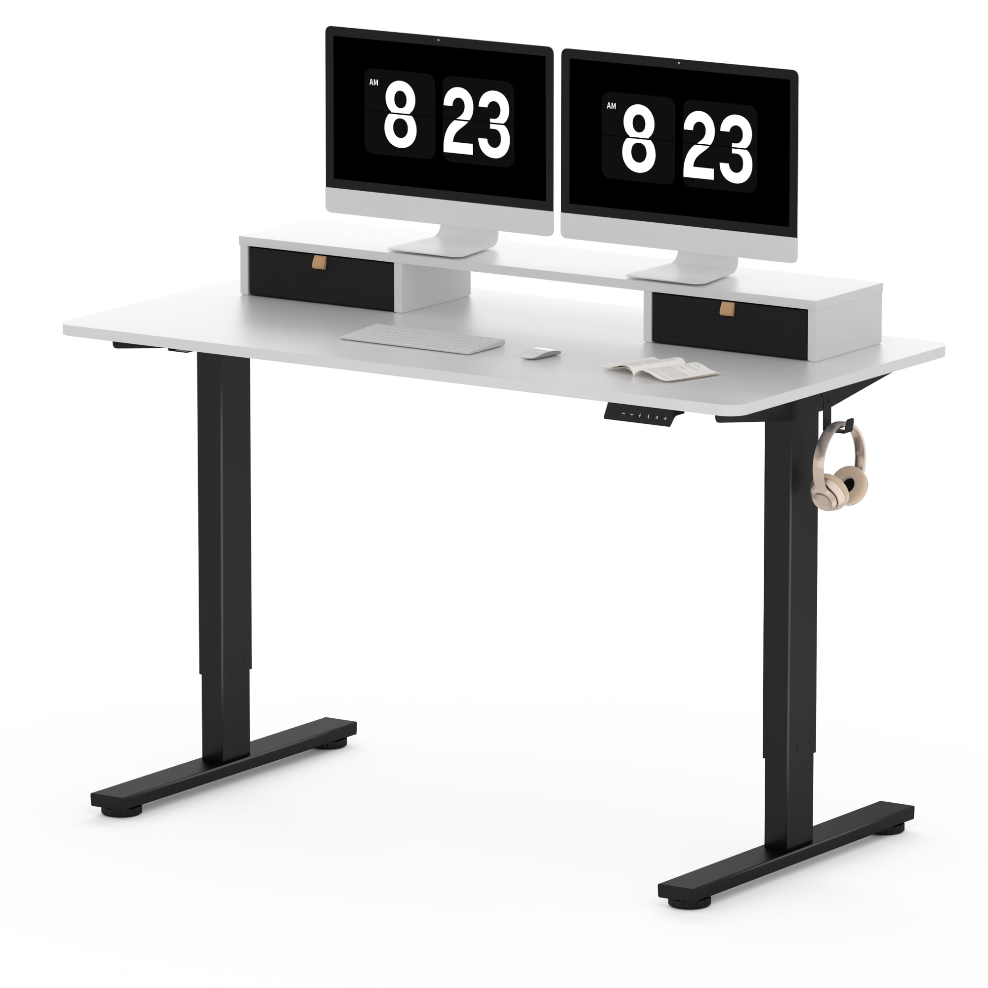 FlexiSpot 55"x24" Height Adjustable Standing Desk with 2 Drawers, Ergonomic Monitor Stand Computer Desk Black Frame and White Top