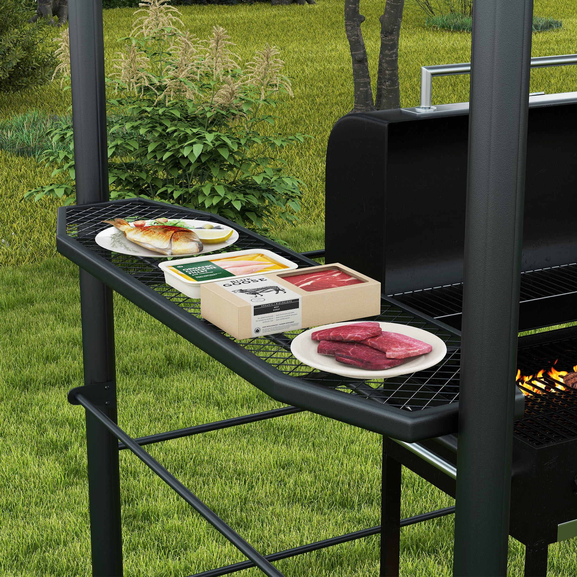 Outsunny 8' x 5' Grill Gazebo Shelter with Interlaced Vented Polycarbonate Roof, Outdoor BBQ Gazebo with Side Shelves for Hanging Tools