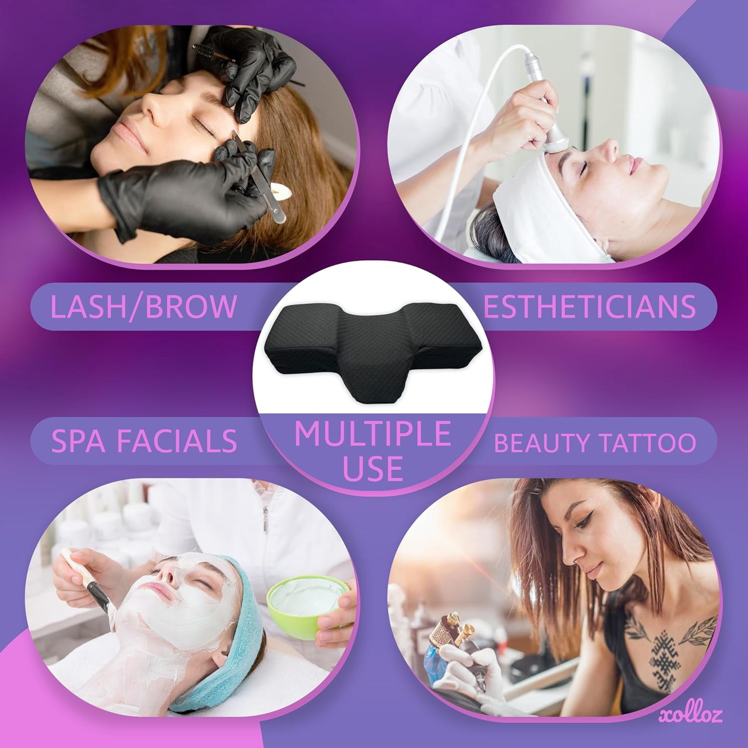 Pillow for Eyelash Extensions - Curved Memory Foam Lash Bed Pillow with Neck and Back Support, Perfect Pillow for Eyelash Extensions, Two Pockets for Tools On The Sides of Pillow (Black)