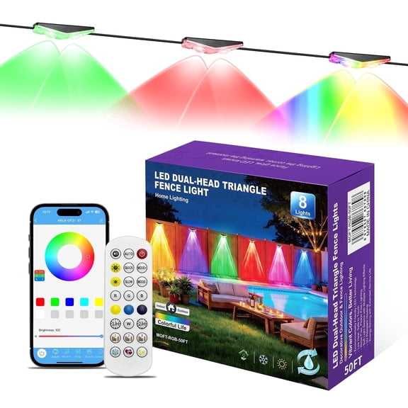 50FT Low Voltage RGB Color Changing Fence Lights, Triangle LED String Lights, Waterproof for Party Gathering Patio Barbecue Outdoor Activities