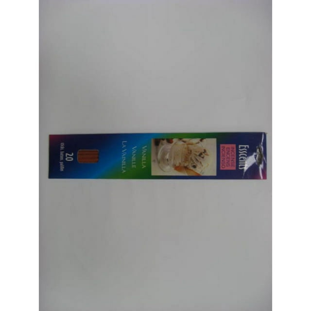 Esscents Stick (Vanilla) - Set of 8 vanilla incense sticks in a blue and green gradient box with 20 sticks, featuring an image of vanilla ice cream and multilingual text, ideal for home fragrance and mood enhancement during meditation or relaxation.