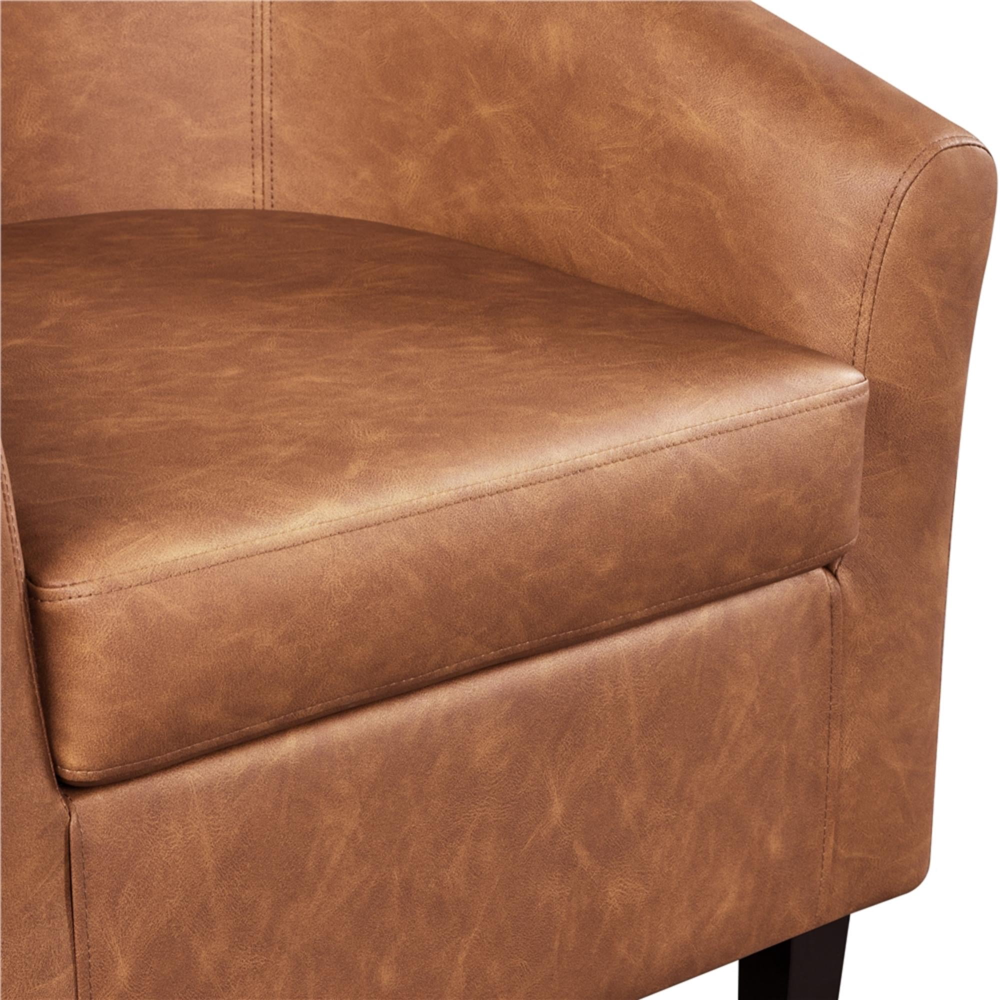 Renwick Barrel Accent Chair with Ottoman, Brown Faux Leather