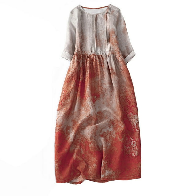 QIPOPIQ Robe Longue Bohème d'Été pour Femme Col Rond Manches Mi-Longues Robe Maxi Fluide avec Ceinture Liquidation