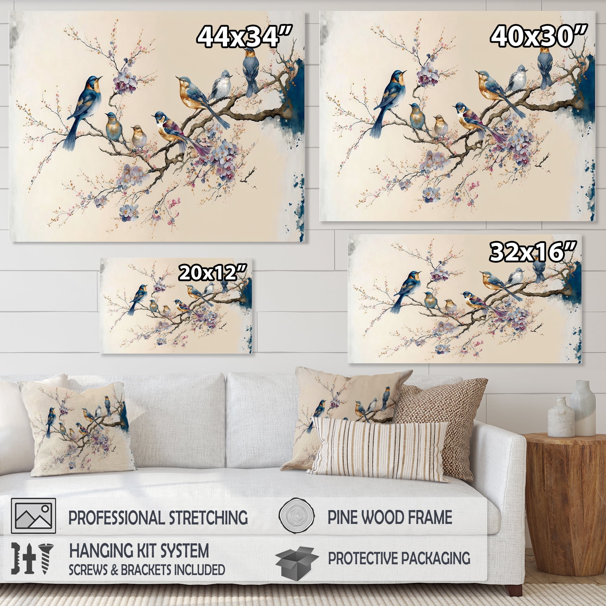 Designart Multicolor Birds On Plum Blossoms Tree XI Canvas Wall Art