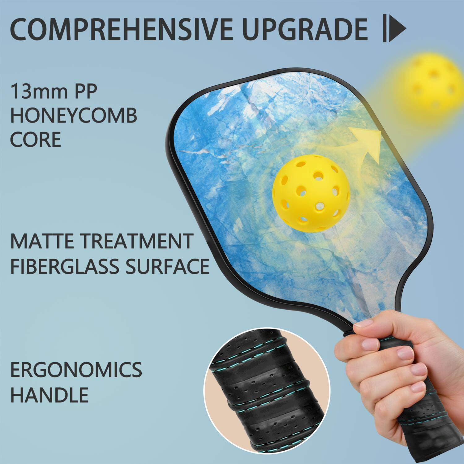 Pickleball Paddles Set Of 1, Fiberglass Surface, Ice Crystal Print, 1 Paddle, 2 Balls & Bag