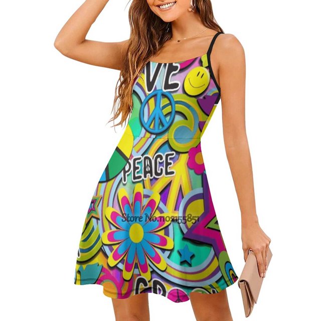 Groovy Fun Back Lacing Backless Dress Square Neck Dress Sweetheart Knot Flared Dress Sixties Fun Colorful Happy Face 60S Hippy
