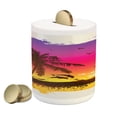 thumbnail image 1 of Luau Piggy Bank, Tropical Retro Sunset Palm Trees Jumping Dolphins on the Beach Scenery Illustration, Ceramic Coin Bank Money Box for Cash Saving, 3.6" X 3.2", Multicolor, by Ambesonne, 1 of 4
