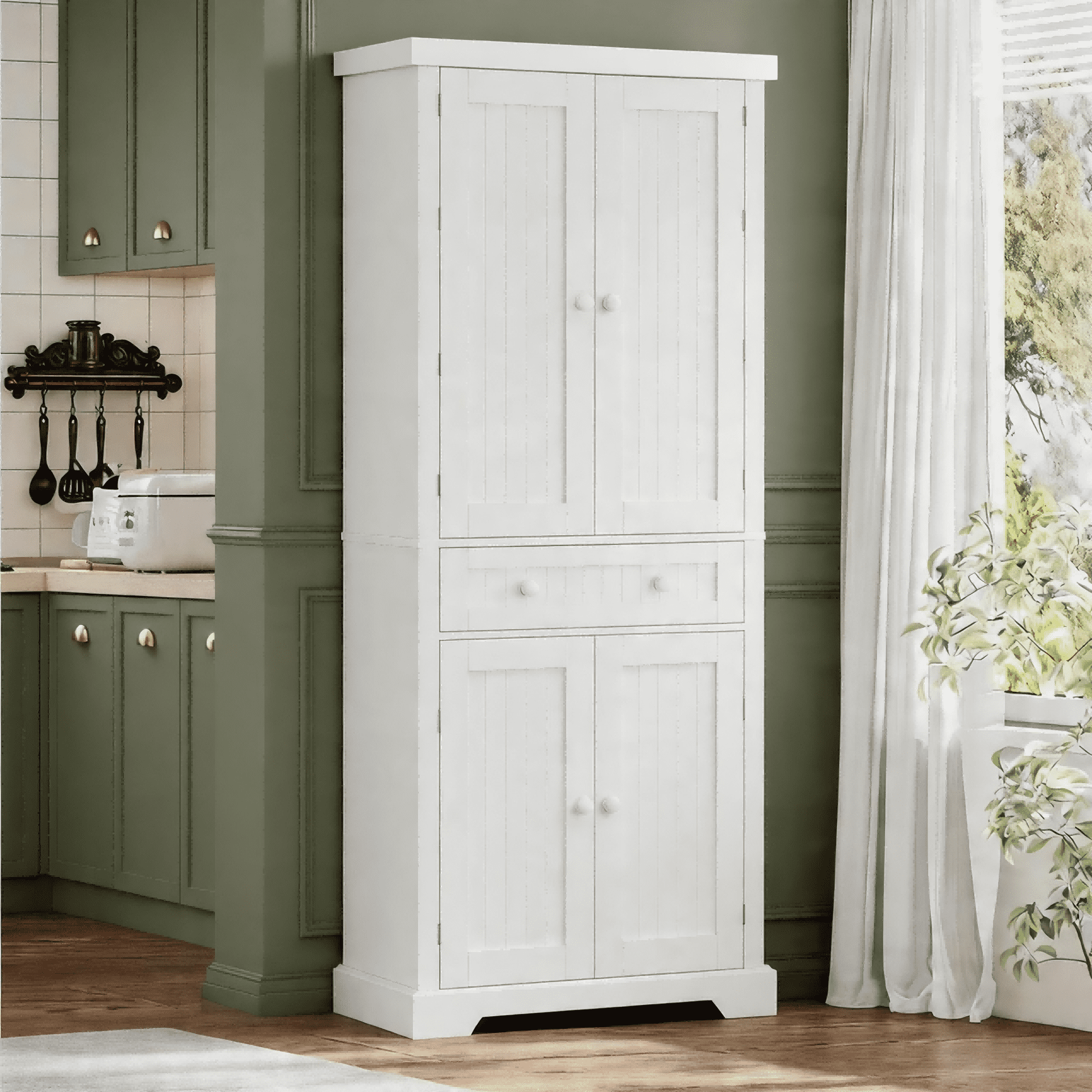 Bestier 72" Tall Kitchen Pantry Storage Cabinet with Doors and Shelves, Food Pantry Cabinet with Motion Sensor Light, White