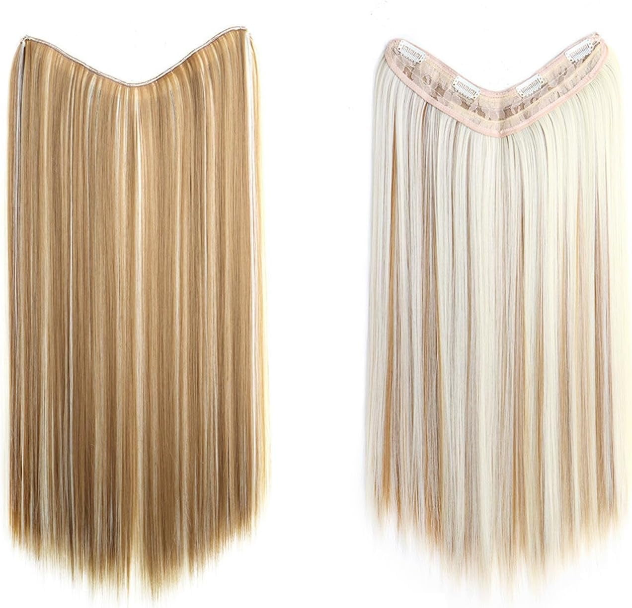 Aorsher One Piece Clip in Hair Extensions, U-Shaped Hair Extensions Weft with 4 Clips, 3/4 Full Head Long Straight Synthetic One Piece Thick Hairpieces for Women, Bleach Blonde Mix Ash Blonde, 24Inch
