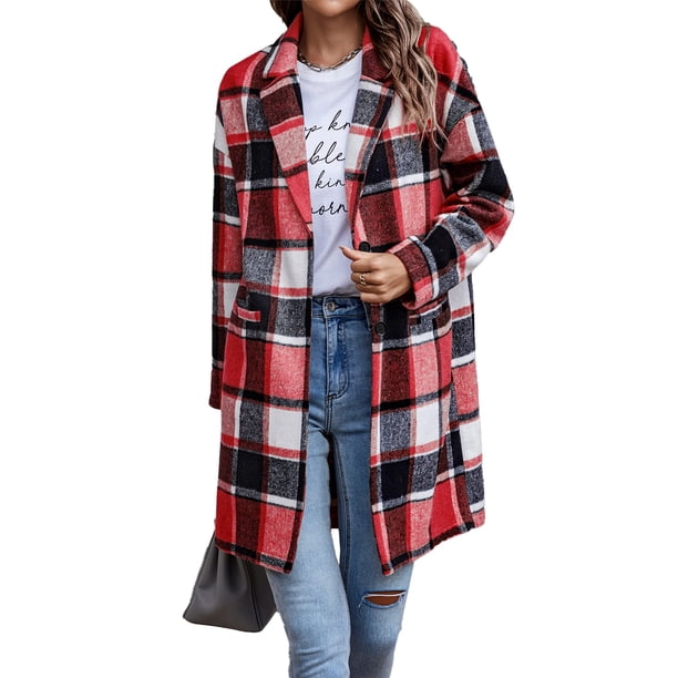 Abrigo PRETTYGARDEN Shacket a Cuadros con Botones Mezcla de Lana Rojo Talle S