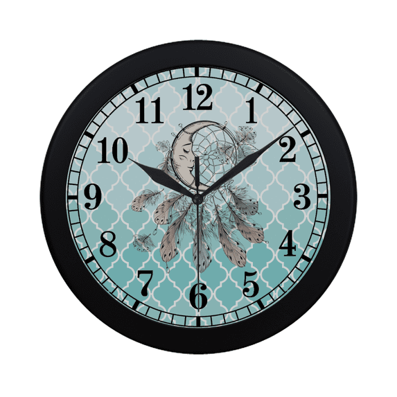 SUNENAT Boho Dream Catcher and Feathers with Aqua Teal Moroccan Tile Quatrefoil Modern Quartz Wall Clock Silent Non Ticking Decorative Indoor Kitchen Living Room Round Retro Clock, Black