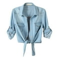 thumbnail image 2 of nochalofo Blue Boat Neck Casual Womens Tops Dressy Casual, Casual 3/4 Sleeve Button Down Crop Jean Top Knot Tie Denim Shirt Jacket, 2 of 9