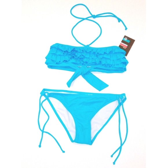ROXY Ensemble Haut de BIKINI et Bas à Volants Turquoise STRINGER