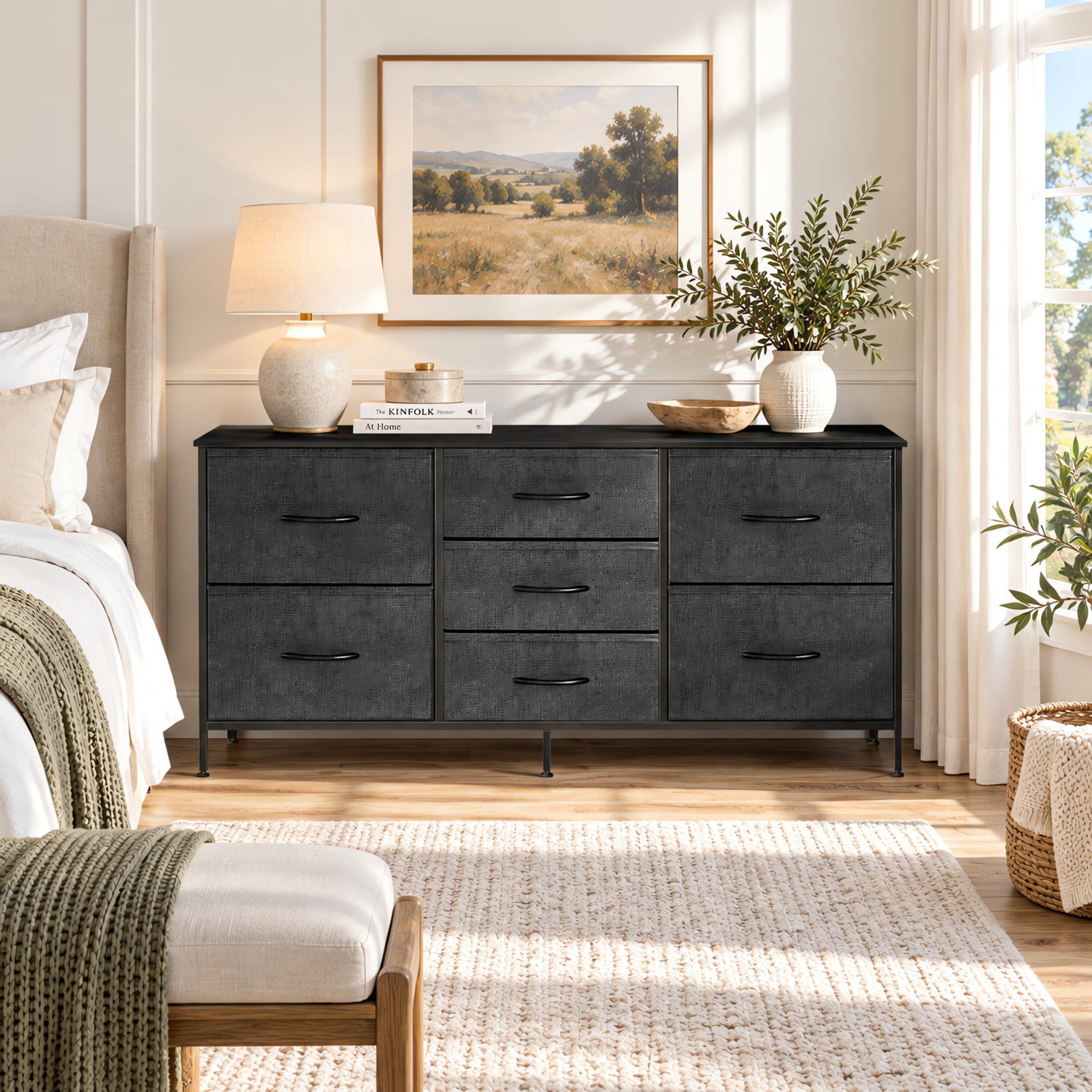 Telyra 7-Drawer Dresser with Wood Shelf, Sturdy Metal Frame, Versatile Media Console Dresser for Bedroom, Gray