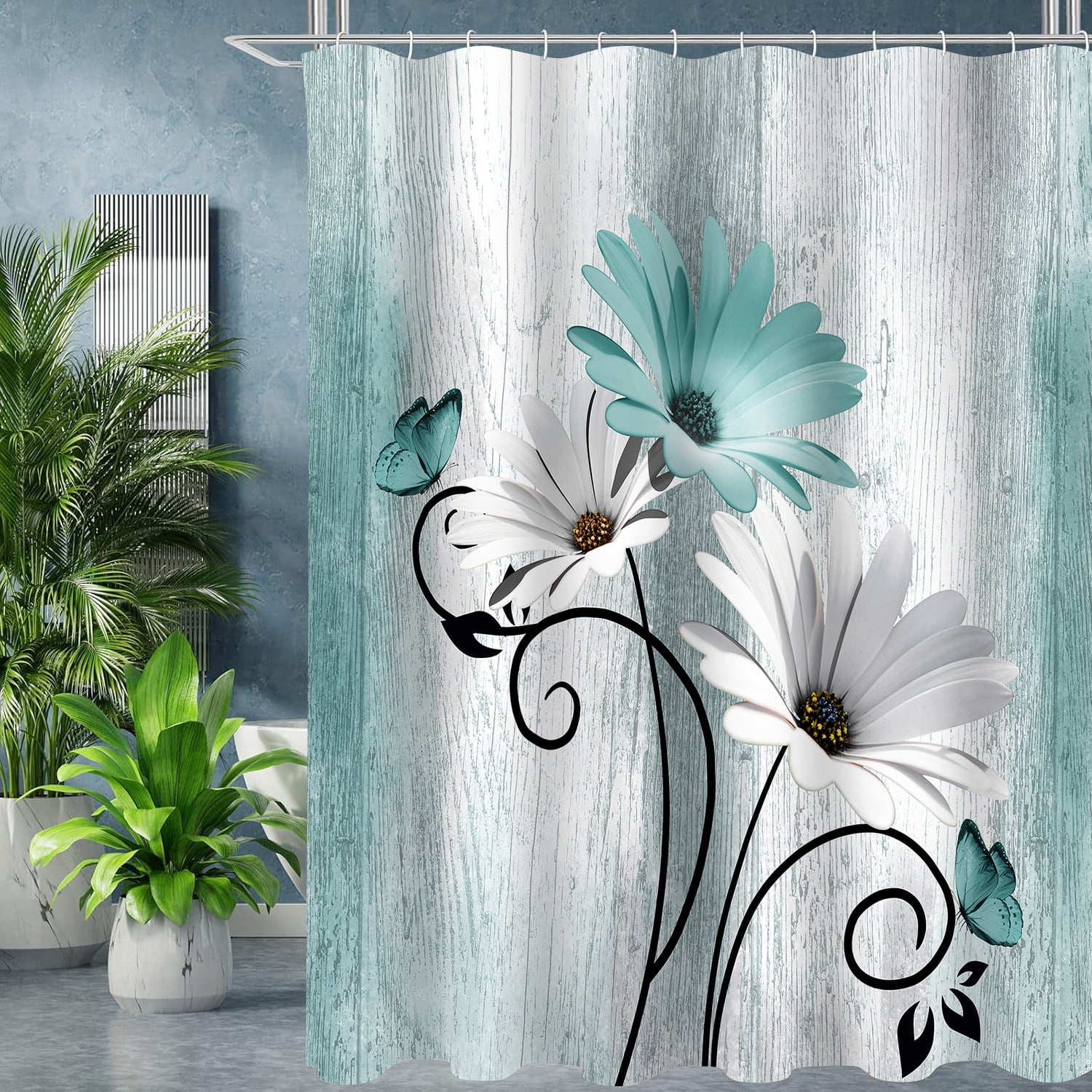 Hadint 4Pcs Teal Daisy Floral and Butterfly Shower Curtain Set, Shower Curtain and Rug Set, 12 Pcs Hooks, 71inx71in