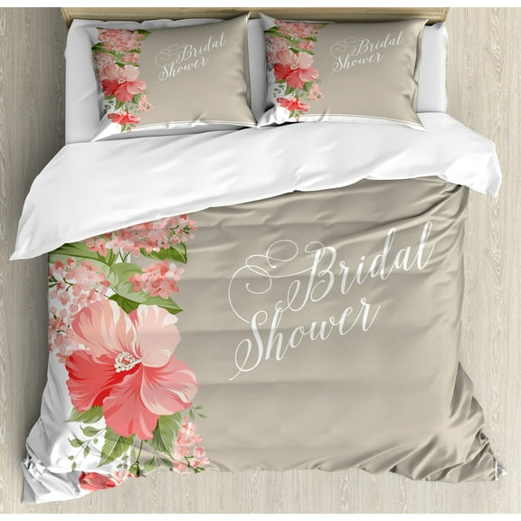 Bridal Shower Duvet Cover Set, Lilacs Orchids with Leaves Corner Frame Bride Floral Arrangement, Decorative 3 Piece Bedding Set with 2 Pillow Shams, Queen Size, Salmon Green and Beige, by Ambesonne