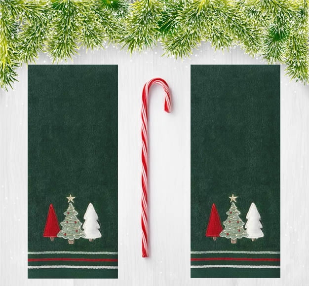 St Nicholas Christmas Tree Trio Green Bath Hand Towels Cotton Set of 2 Pieces