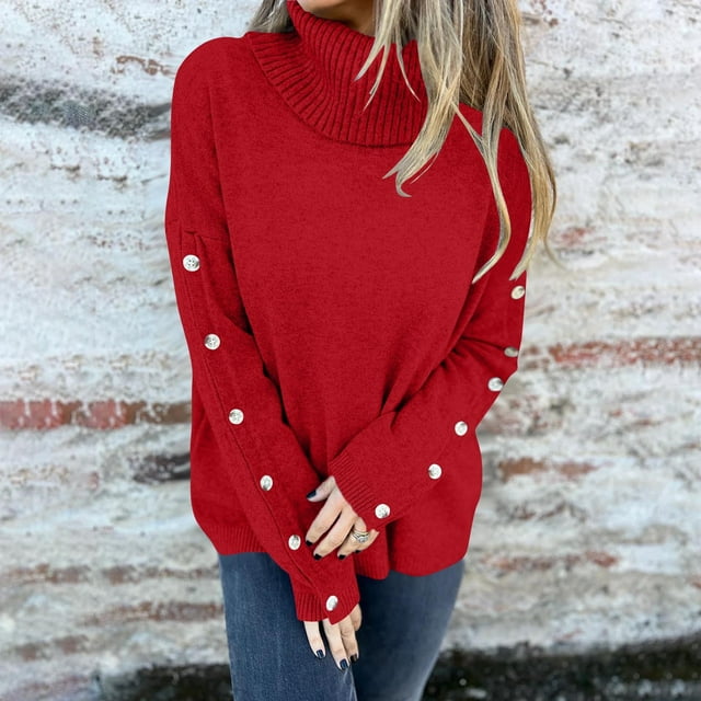 Chandails à Col Roulé pour Femmes, Chandail Décontracté en Tricot Doux à Manches Longues avec Boutons Chaud Automne Hiver