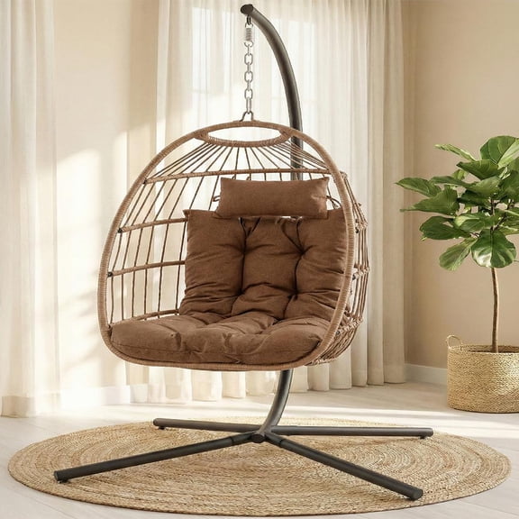 SereneLife Hanging Egg Chair with Stand – Foldable Rattan Wicker Hammock Chair with Weather-Resistant Cushion & Headrest for Patio, Balcony & Bedroom, 350 lb Capacity