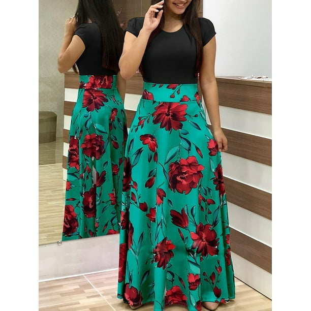 Estampado de flores color a juego vestido de manga larga falda larga ropa de mujer Irfora Verde y Negro mangas 2XL