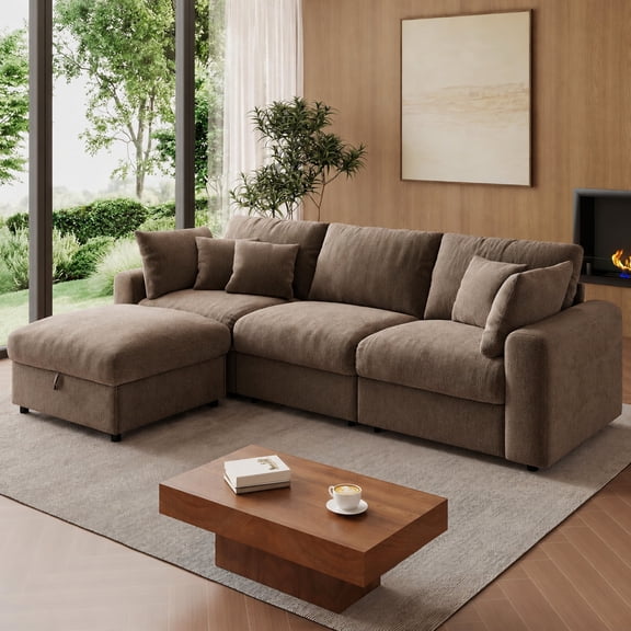 Cloud Sectional Couches, 110.24-Inch 4-Seat Chenille Modular Sectional Sofa with Convertible Layout and Storage Ottoman, Brown for Living Room or Apartment