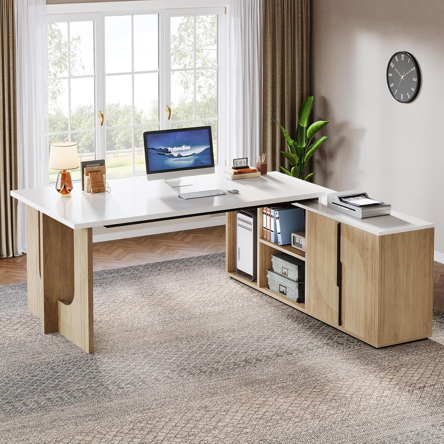 Tribesigns 74.8" Executive Desk, Large Office Desk with Cabinet, L Shaped Computer Desk with Shelves and CPU Storage, Modern Home Office Desk Business Furniture Workstation Set, White and Wood