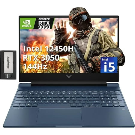 HP Victus 15.6" 144Hz FHD Gaming Laptop, Intel i5-12450H, 16GB RAM, 1TGB PCIe SSD, Backlit Keyboard, NVIDIA GeForce RTX 3050, Win 11 Pro, Blue, 256GB Docking Station Set