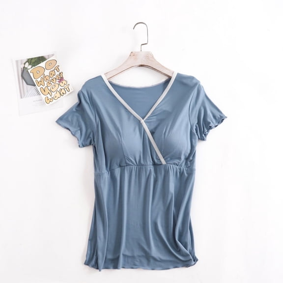 Maternity Shirts Nursing Sleepwear for Women Breastfeeding Short Sleeve V Neck Summer Pregnancy Tops with Removable Padded Sky Blue XXL