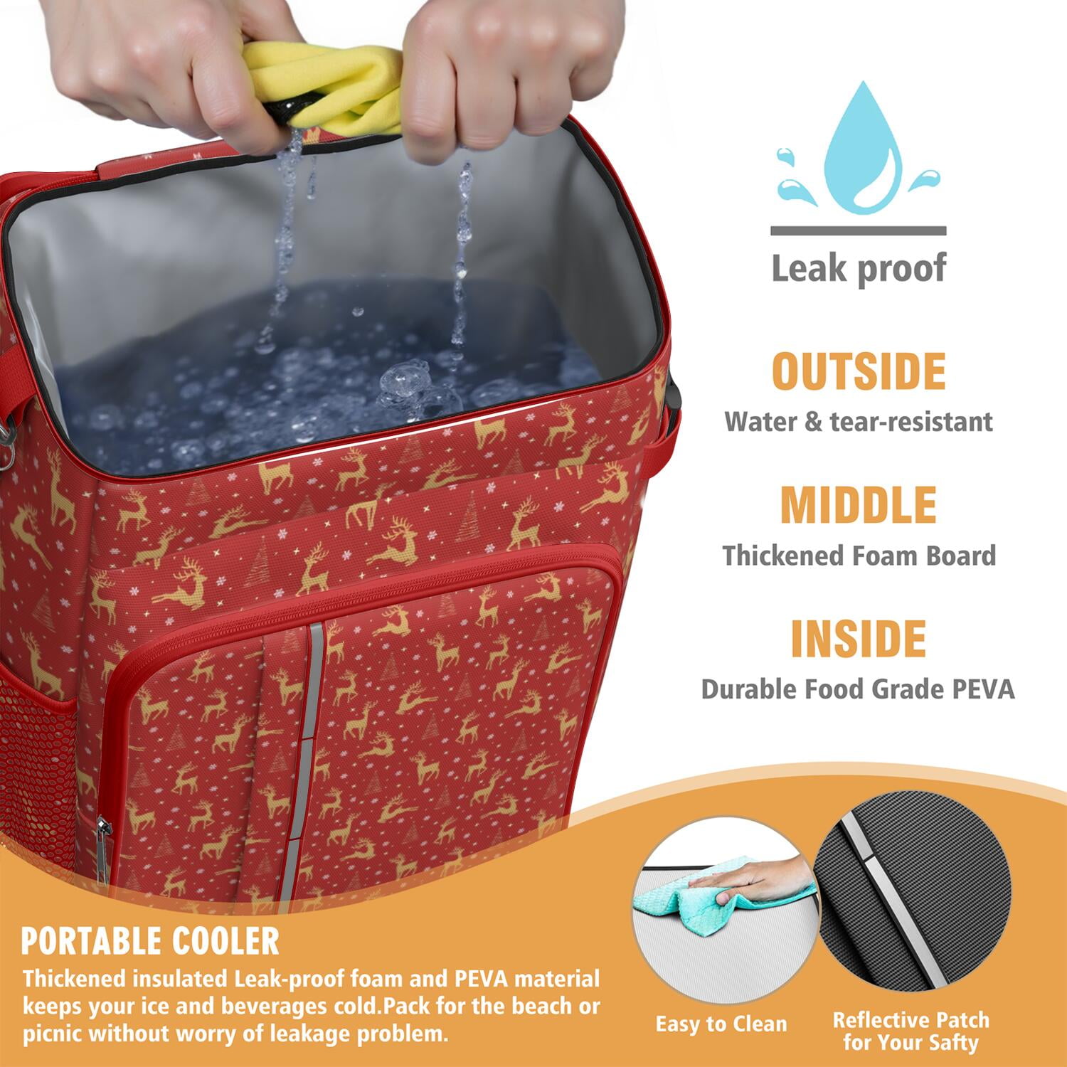 Travel Cooler Bag - Red Christmas Golden Reindeer Pattern Camping Beer Cooler Backpack with Bottle Opener- Waterproof Insulated Picnic Backpacks - Cooler Bag for Beach