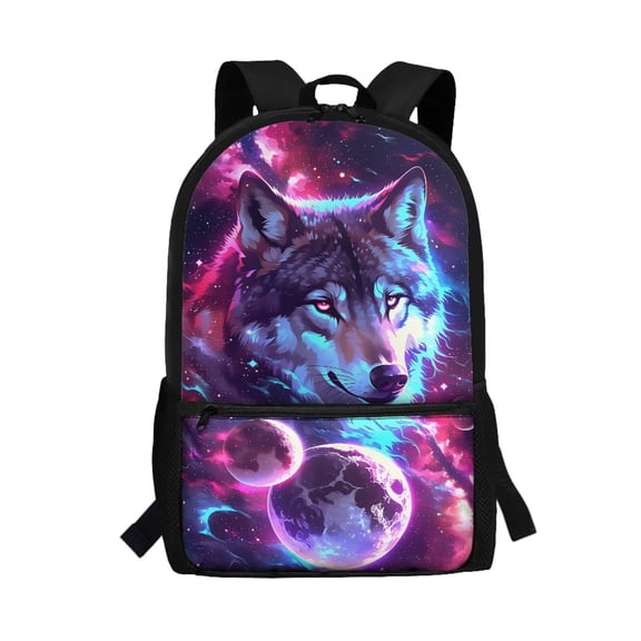 Binienty Galaxy Wolf Print 17 Inch School Bookbag for Teens Water Resistant Kids Travel Backpack with Side Mesh Pockets Front Zipper Compartment for School Supplies