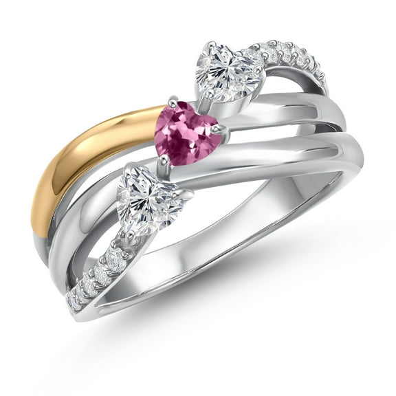Gem Stone King 925 Silver and 10K Yellow Gold Lab Grown Diamond and Pink Tourmaline and Lab Grown Diamond Engagement Ring for Women | 0.90 Cttw | Heart Shape Gemstone April Birthstone | Size 8