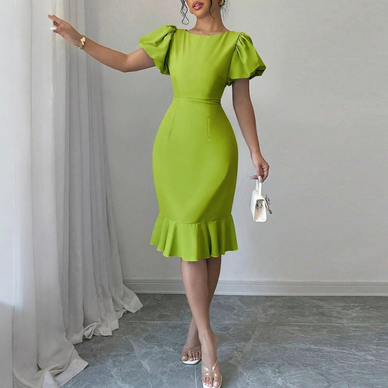 Red White Blue Dress, Wedding Guest Round Neck Puff Sleeve Ruffle