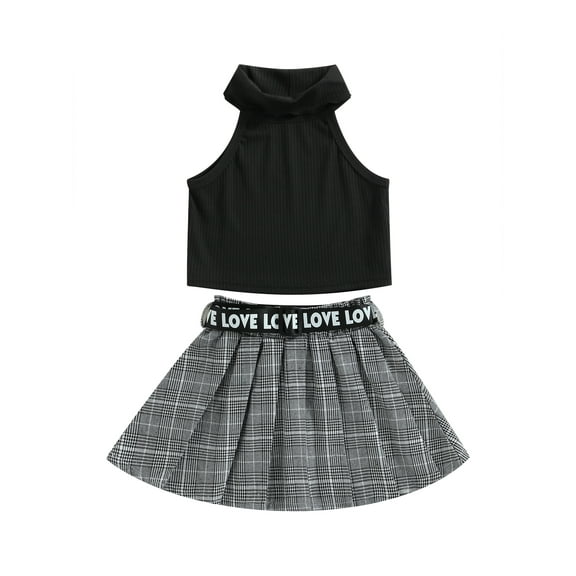 Wassery Kids Girl Summer Outfit Ribbed Sleeveless Tank Tops and Elastic Plaid Pleated Skirt Set for 3T 4T 5T 6T 7T Little Girls