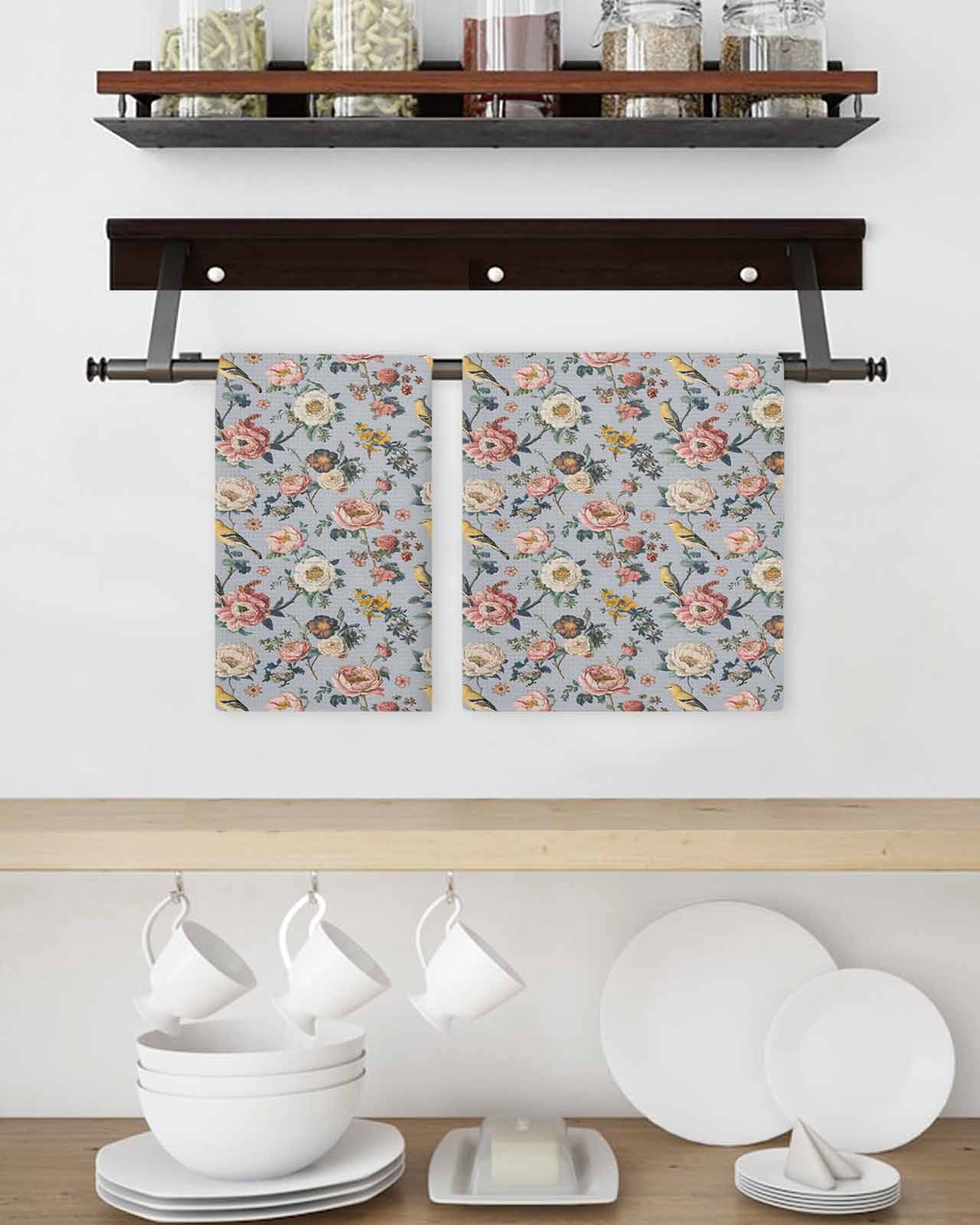 Vintage Spring Floral Kitchen Dish Towels for Drying Dishes Set of 2, Farmhouse Flowers Blue Vintage Waffle Weave Microfiber Hand Tea Bathroom Towels Quick Dry & Absorbent Towel 15.7x23.6