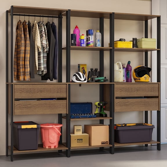 Madesa Garage Storage Rack with 4 Drawers, Open Shelves and Hanging Space 78"L Multiuse Modular Organization Cabinet for Tools - Black/Brown