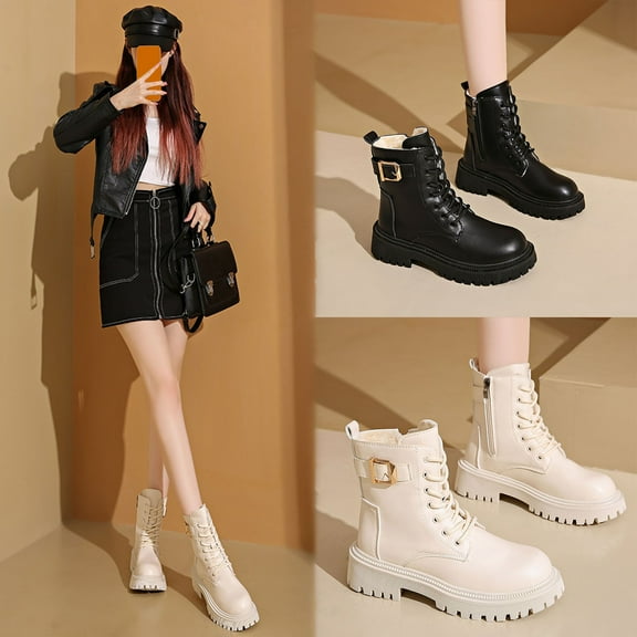 Hinvhai Women Ankle Boots Lace Up Buckle Strap Bootie Round Toe Work Booties Short Boot for Casual or formal Wear White 9(42)