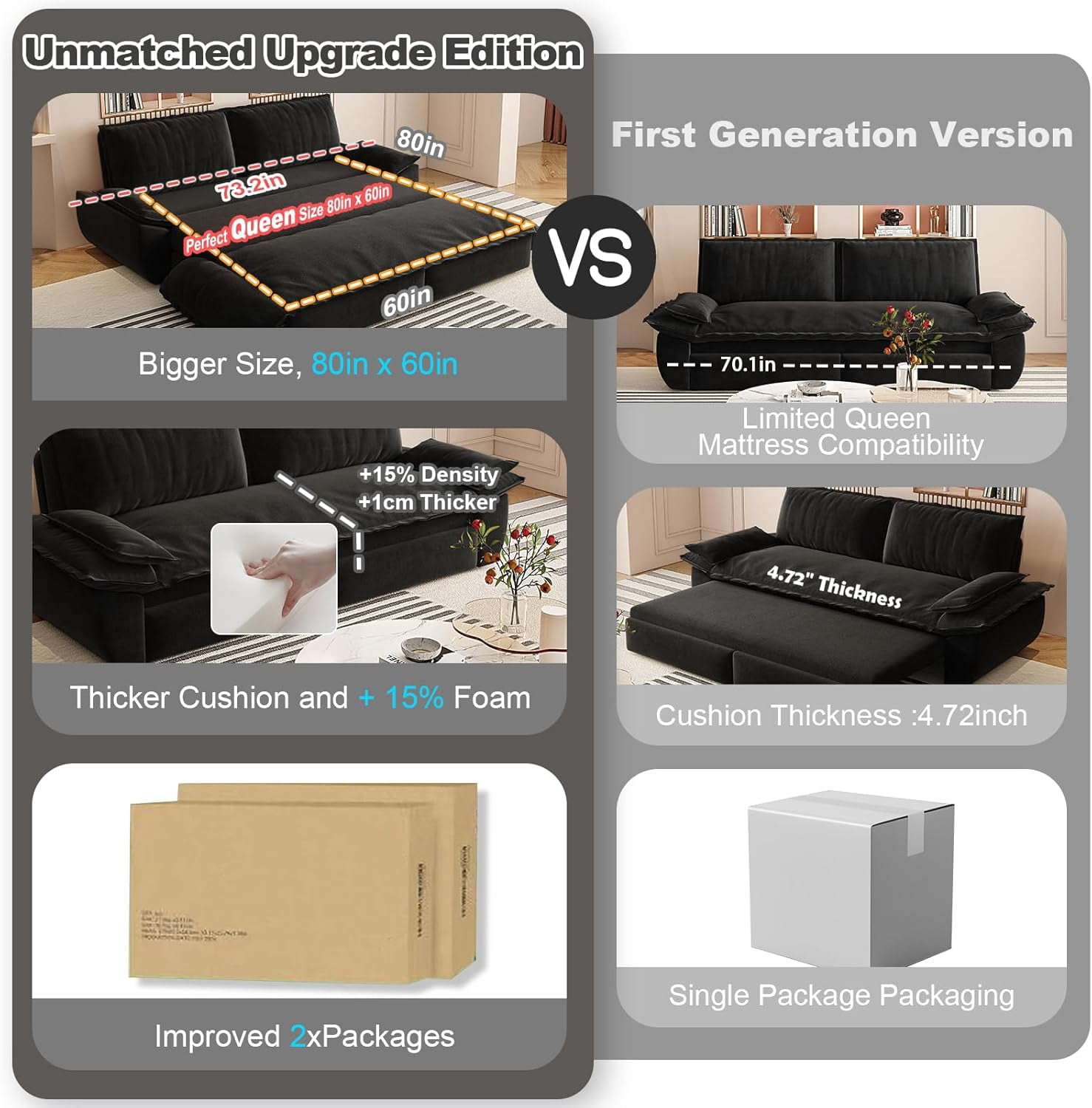 73.2" Futon Sofa Bed Queen Size, Pull Out Bed, 3-in-1 Convertible Sleeper Sofa with 2 Soft Pillows, Modern Velvet Futon Couch for Living Room, Small Space, Apartment, Bedroom, Black