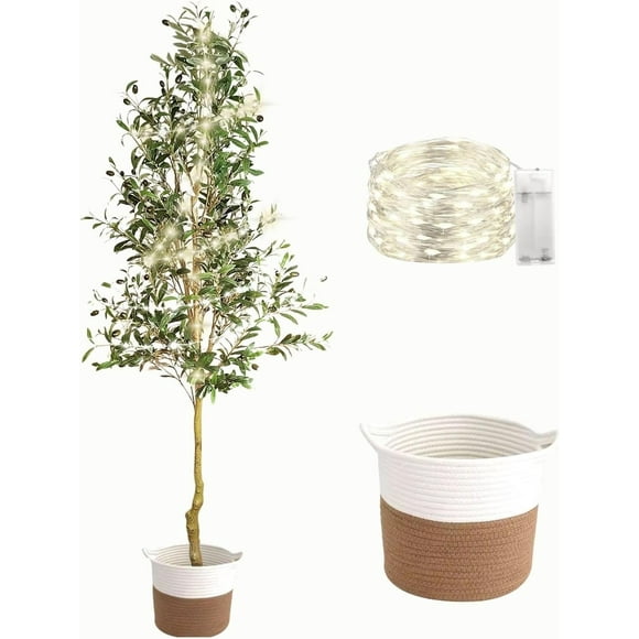 Artificial Olive Tree 7 ft - Realistic Potted Faux Olive Tree 7ft With Lights, Artificial Tree for Indoor Home Decor, Olive Trees Artificial Indoor Tall Fake Tree, 7 Foot Artificial Olive Tree