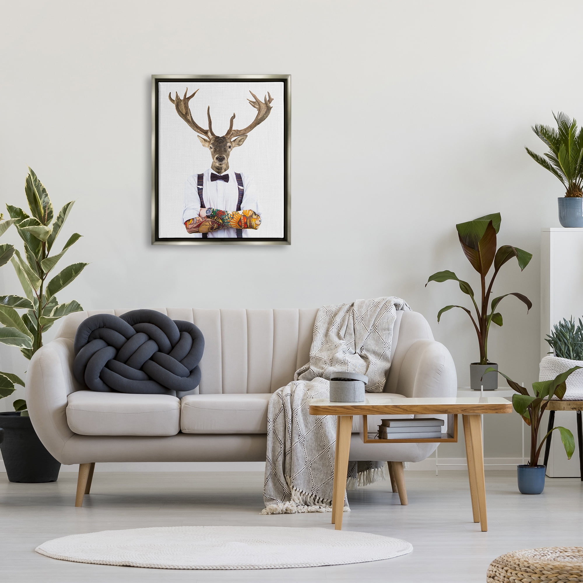 Stupell Industries Tattooed Hipster Deer Antlers Suspenders Bowtie Outfit Luster Gray Framed Floating Canvas Wall Art, 24x30, by Tai Prints