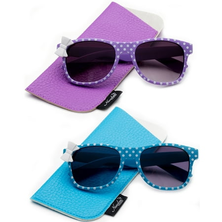 2 Pack Kyra Kids Sunglasses for Girls Fashion Polka Dots Bow Cute & Comfortble Style Lead Free for Kids Girls 2 Pack-Purple & Blue with Carrying Pouch
