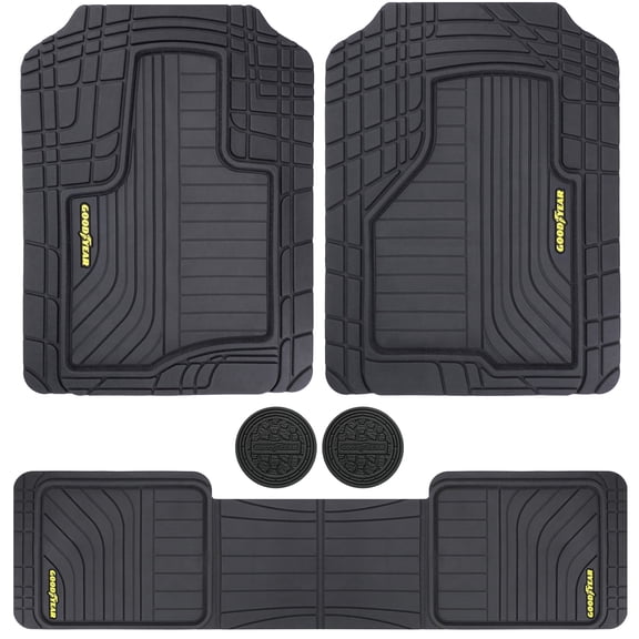 Goodyear 5-Piece Sport All-Weather Rubber Floor Mat Set – Black with Yellow Logo 2 Cup Holder Coasters – Heavy Duty Universal Trim-to-Fit Car, SUV & Truck Floor Mats