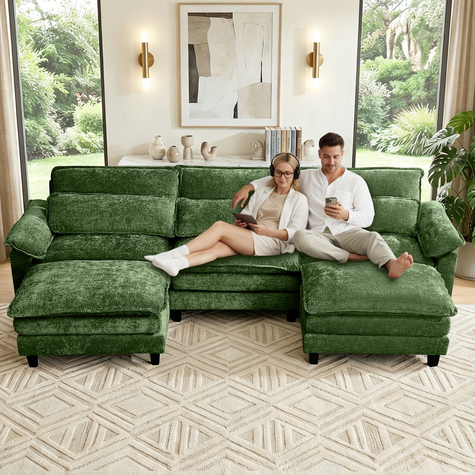 Howcool 113" Modular Sectional Sofa , 3 Seater U-Shaped Cloud Couch with Movable Ottoman, USB Charging Ports & Side Pockets, Sectional couchs for Living Room,Chenille Fabric,Green