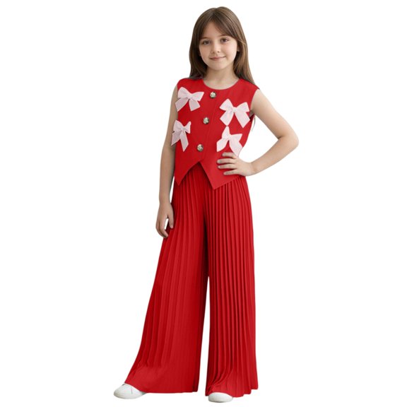 CPNG Girl's 2 Piece Outfits Bowtie Decoration Halter Sleeveless Vest Top and Elastic High Waisted Pants Set(Red,5 Years)