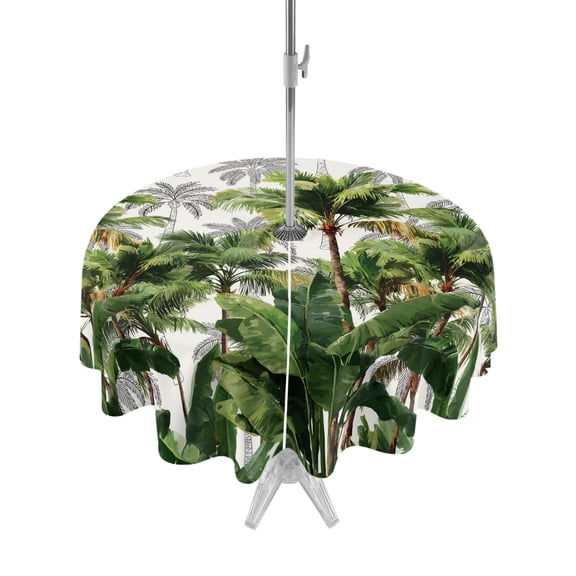 Outdoor Tablecloth with Umbrella Hole for Patio/Picnic/Party/Camping, Tropical Palm Trees Waterproof Table Cloth Round Cover Washable, Summer Botanical Leaves Green Gray (Dia 54")